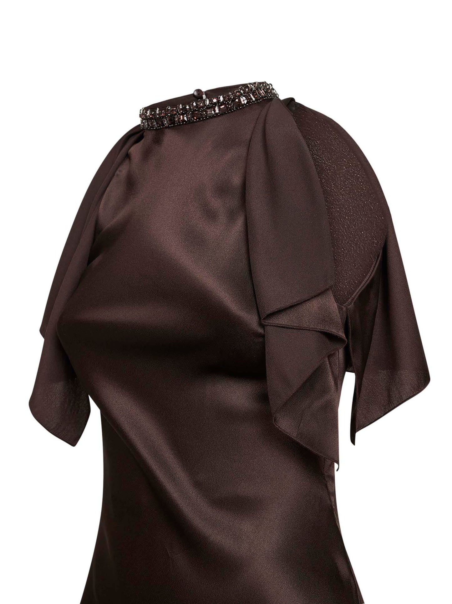 Abito lungo in raso marrone scuro con cristalli