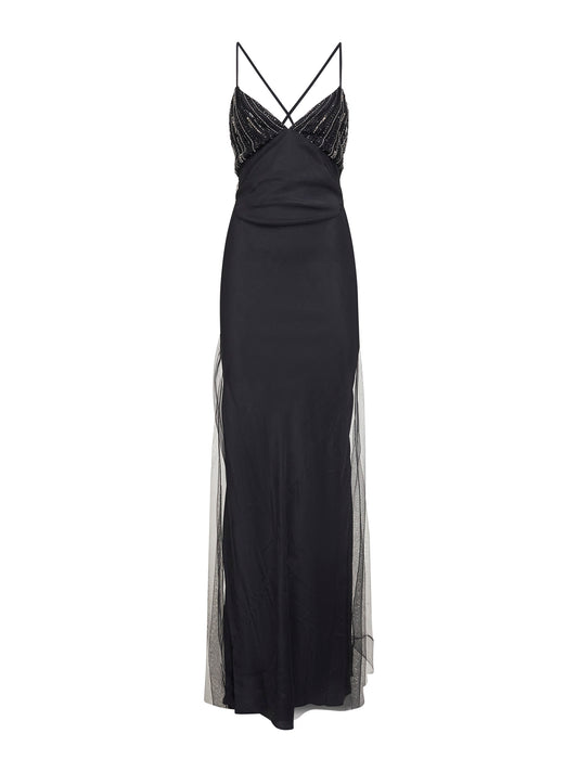 Abito lungo in tulle nero con coppe ricamate