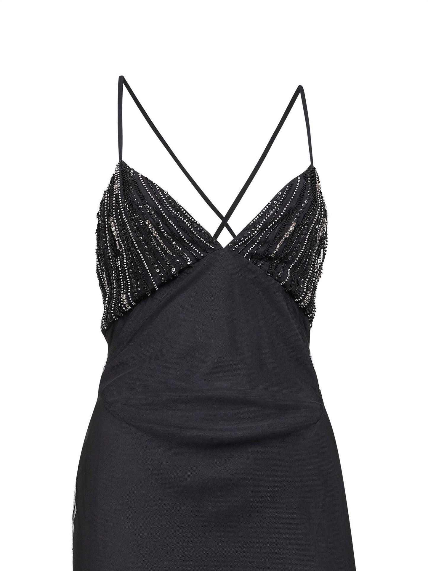 Abito lungo in tulle nero con coppe ricamate