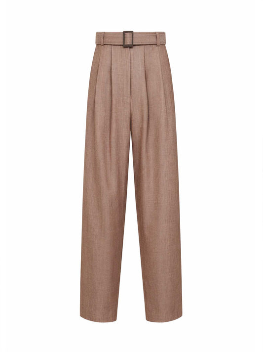 Beige chevron wool blend Portofino belted trousers