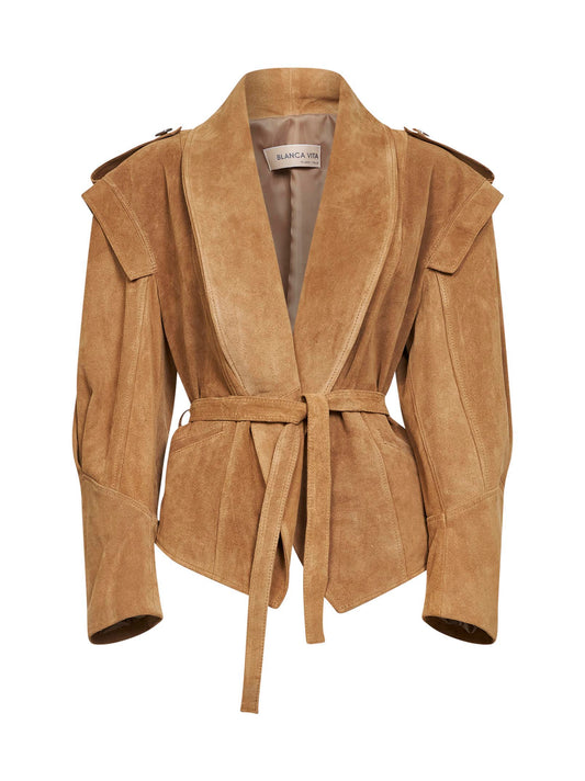 Giacca con cintura in pelle scamosciata kaki