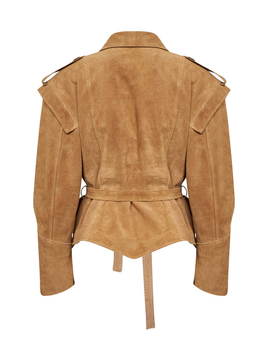 Giacca con cintura in pelle scamosciata kaki