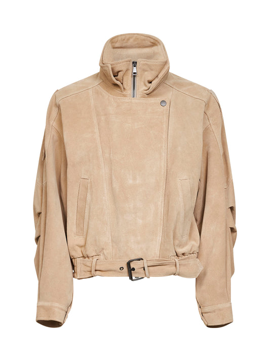 Giacca biker con cintura in pelle scamosciata sabbia