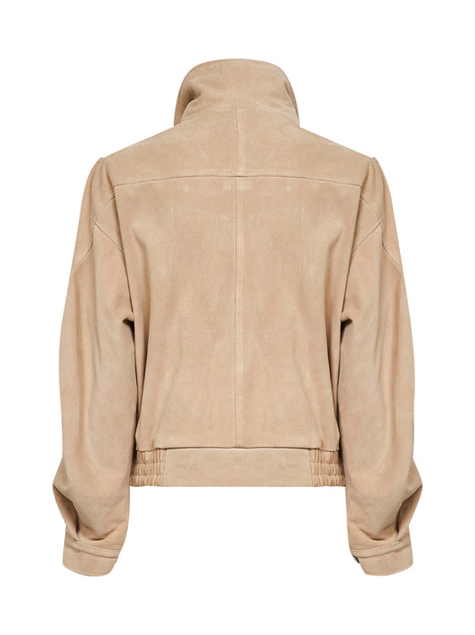 Giacca biker con cintura in pelle scamosciata sabbia