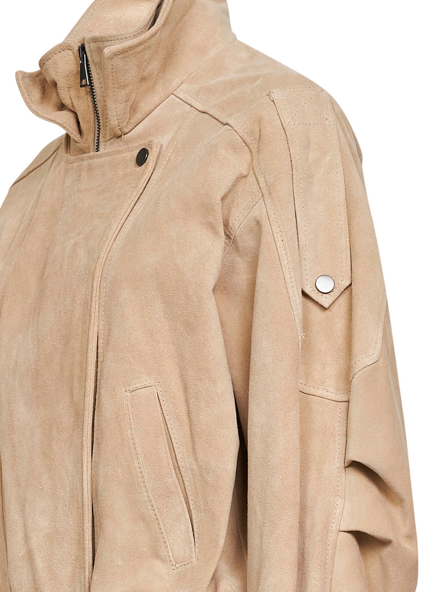 Giacca biker con cintura in pelle scamosciata sabbia
