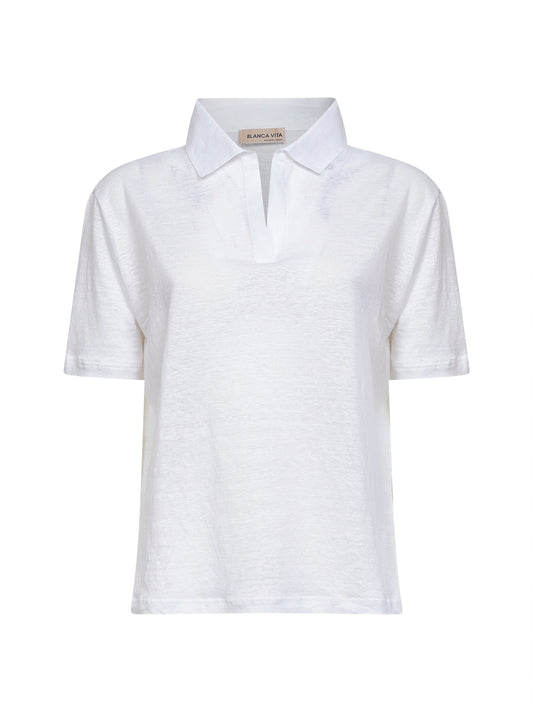 White linen short-sleeved polo shirt