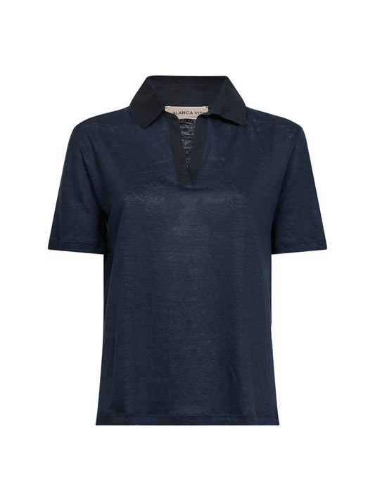 Blue linen short-sleeved polo shirt<BR/>