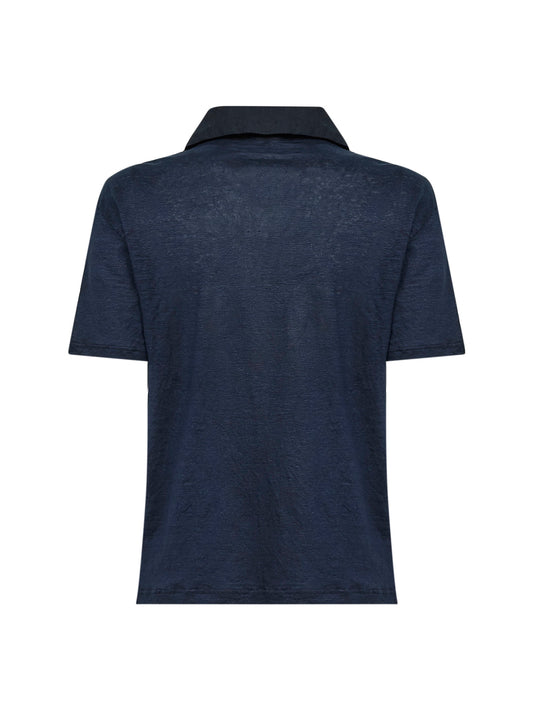 Blue linen short-sleeved polo shirt<BR/>