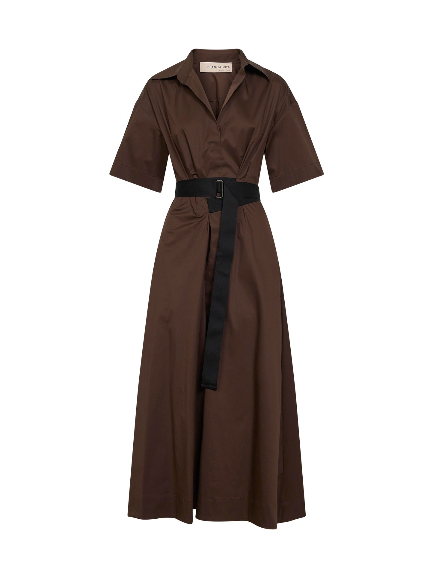 Chocolate stretch poplin Alzety belted midi dress
