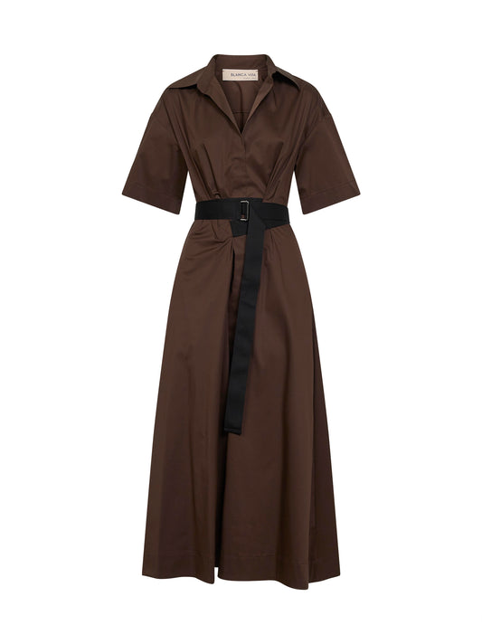 Chocolate stretch poplin Alzety belted midi dress