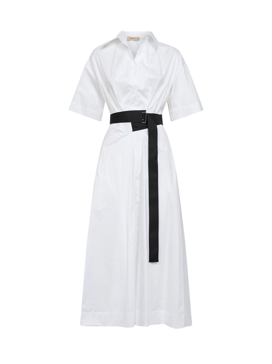 White stretch poplin Alzety belted midi dress