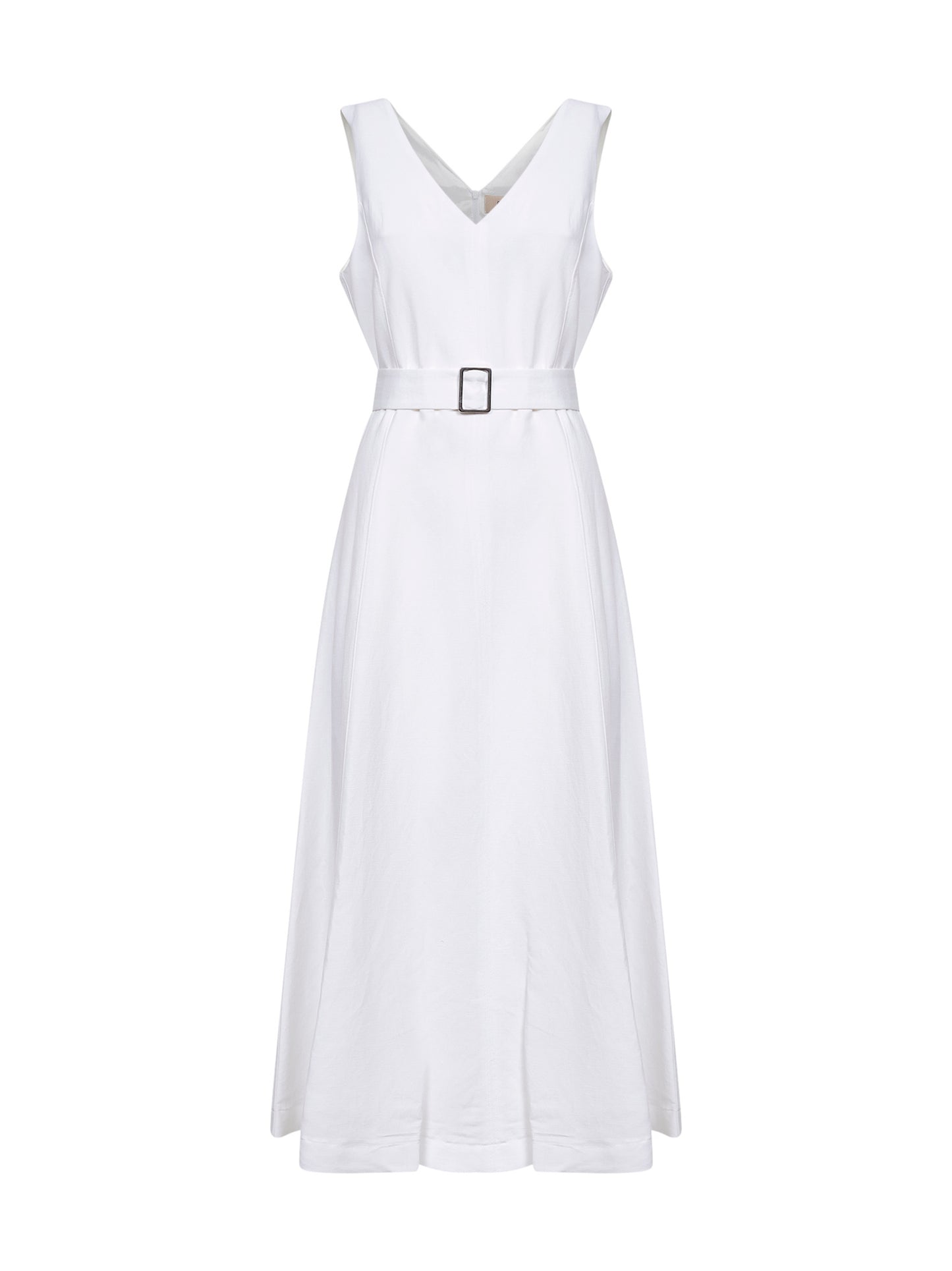 White viscose and linen Apred belted midi dress