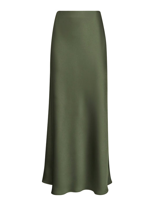 Green satin Garra long flared skirt