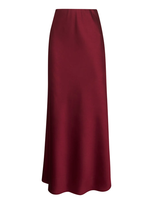 Burgundy satin Garra long flared skirt