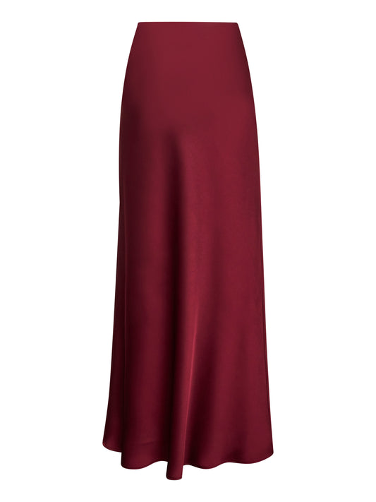 Burgundy satin Garra long flared skirt