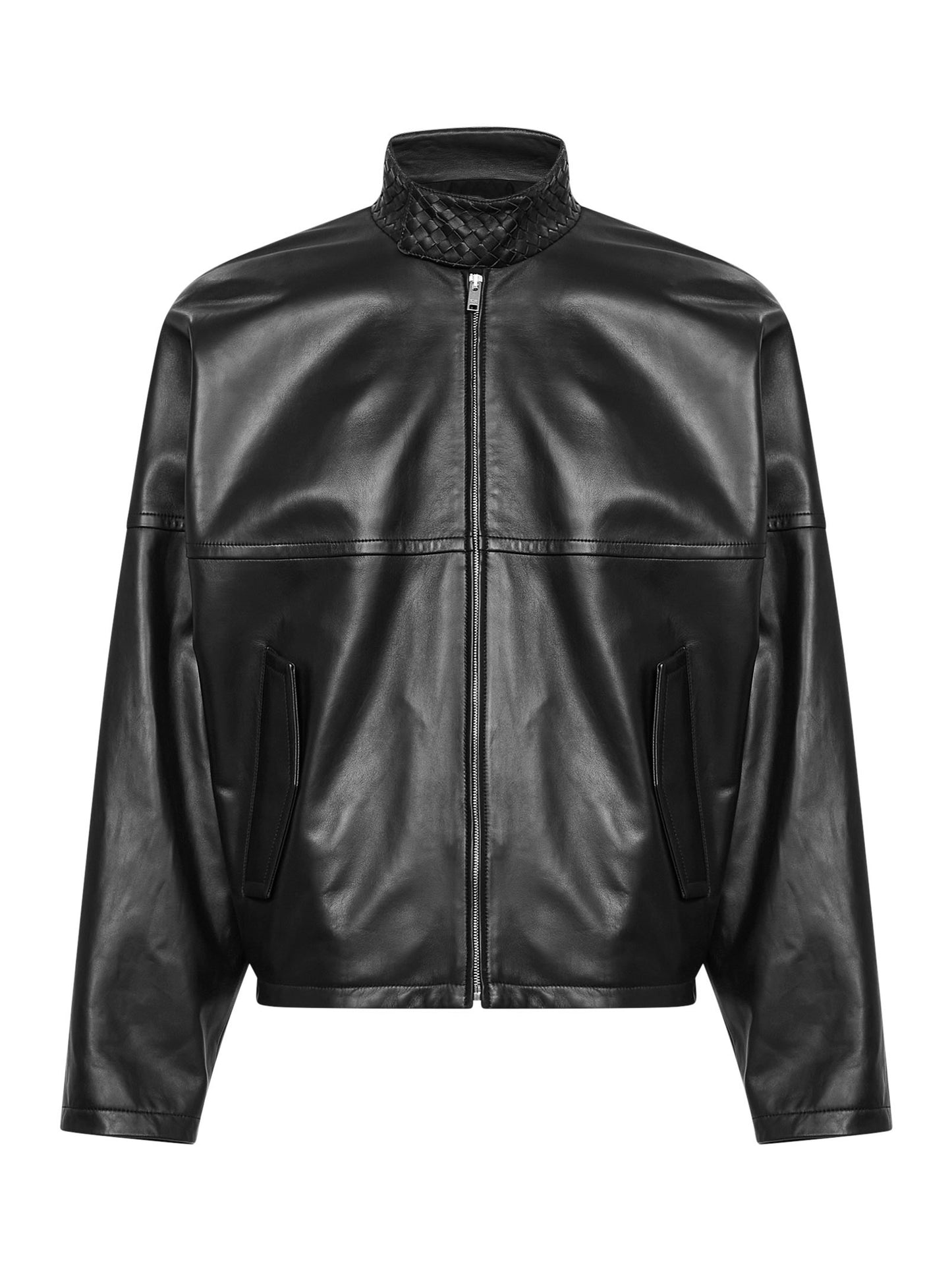 Giacca bomber in nappa nera con collo Intrecciato