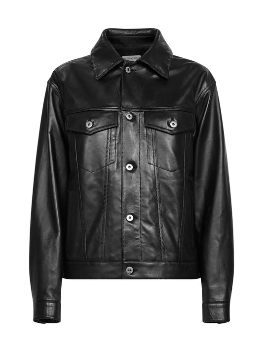 Giubbino in nappa nera con bandana in pelle Intrecciato