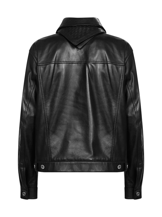 Giubbino in nappa nera con bandana in pelle Intrecciato