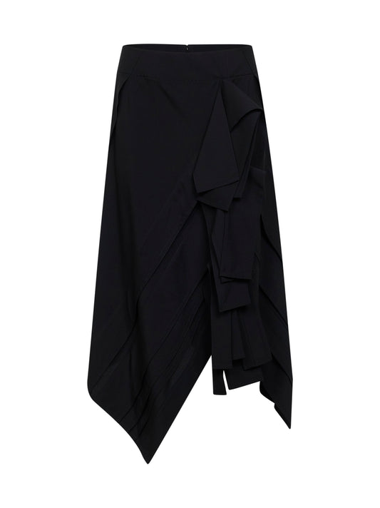 Black wool asymmetric midi skirt with ruffles