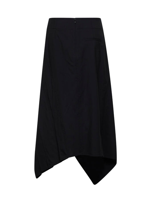 Black wool asymmetric midi skirt with ruffles