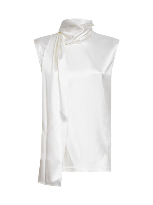 Top in raso di seta stretch bianco con sciarpa integrata