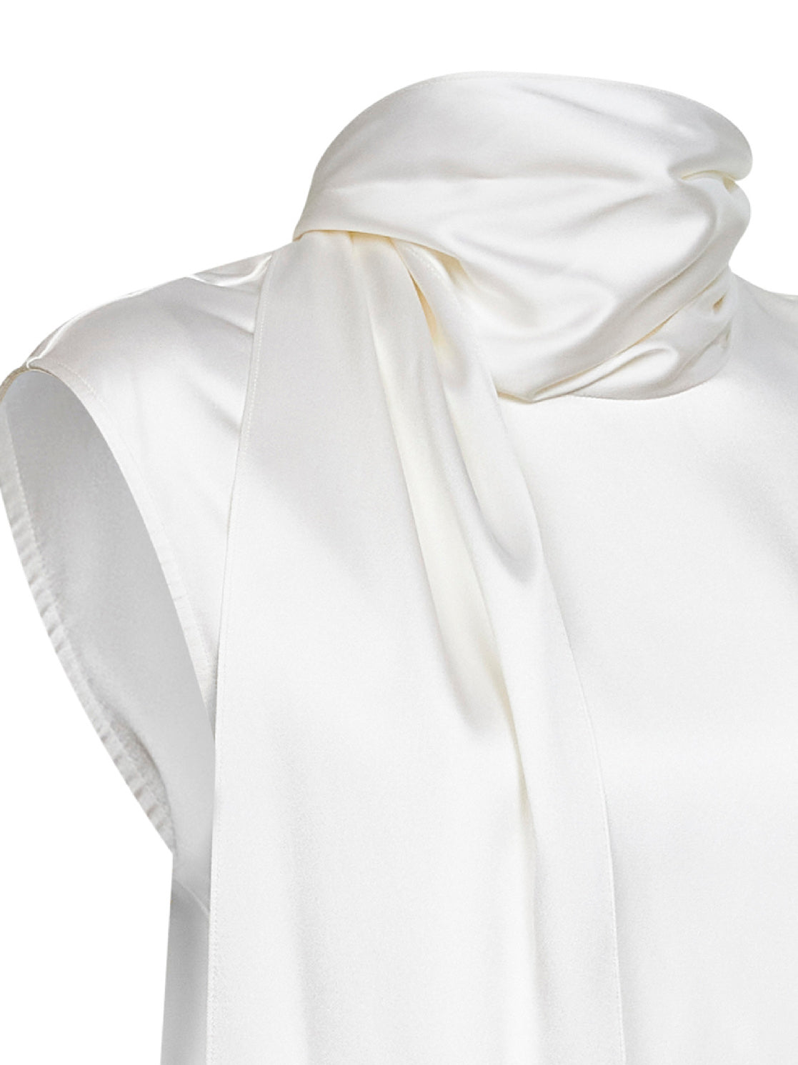 White stretch silk satin top with integrated scarf detail