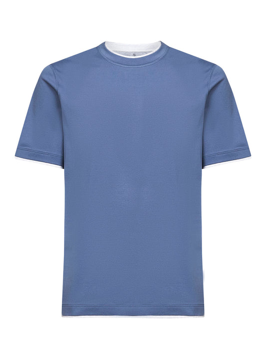 T-shirt in cotone azzurro con Faux Layering