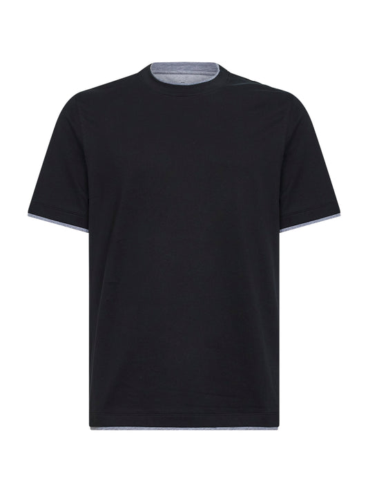 T-shirt in cotone nero con Faux Layering