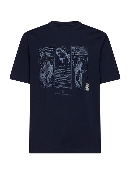 Cobalt blue cotton jersey printed crewneck T-shirt