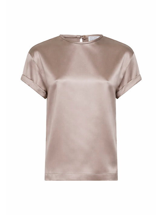 Blusa in raso di seta stretch fango con monile