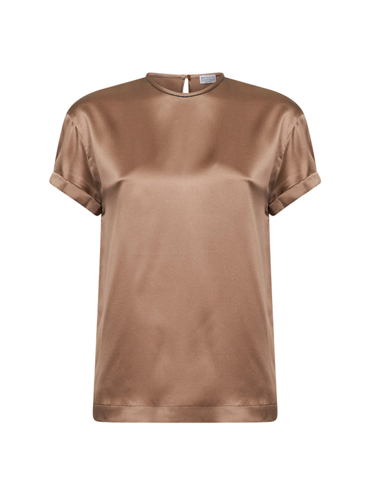 Blusa in raso di seta stretch beige con monile