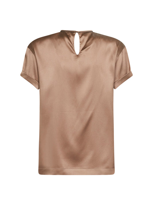 Blusa in raso di seta stretch beige con monile