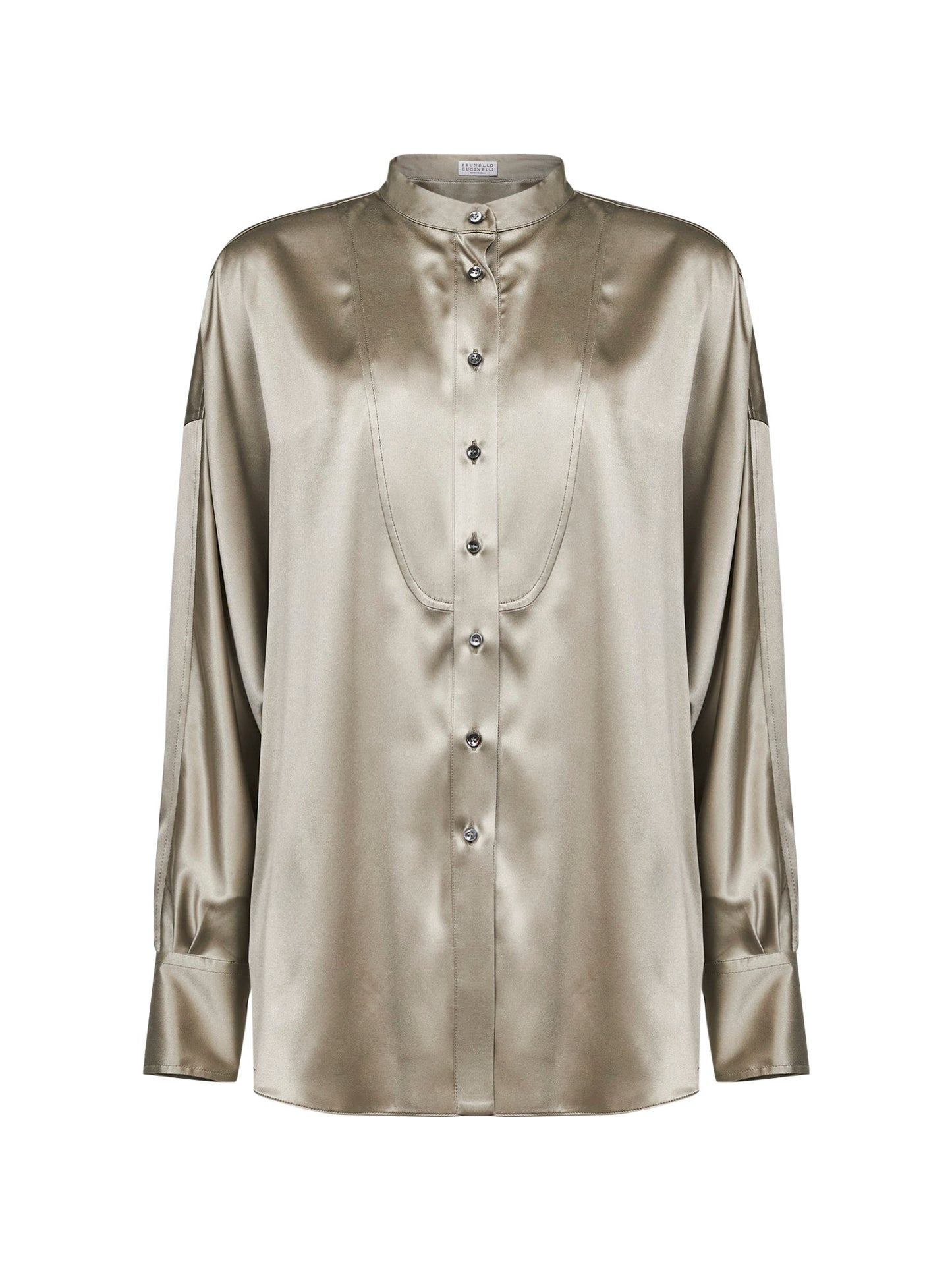 Green stretch silk satin shirt with monili