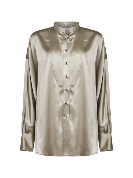 Green stretch silk satin shirt with monili