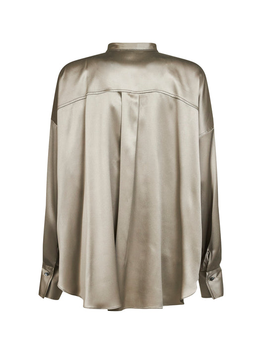Green stretch silk satin shirt with monili