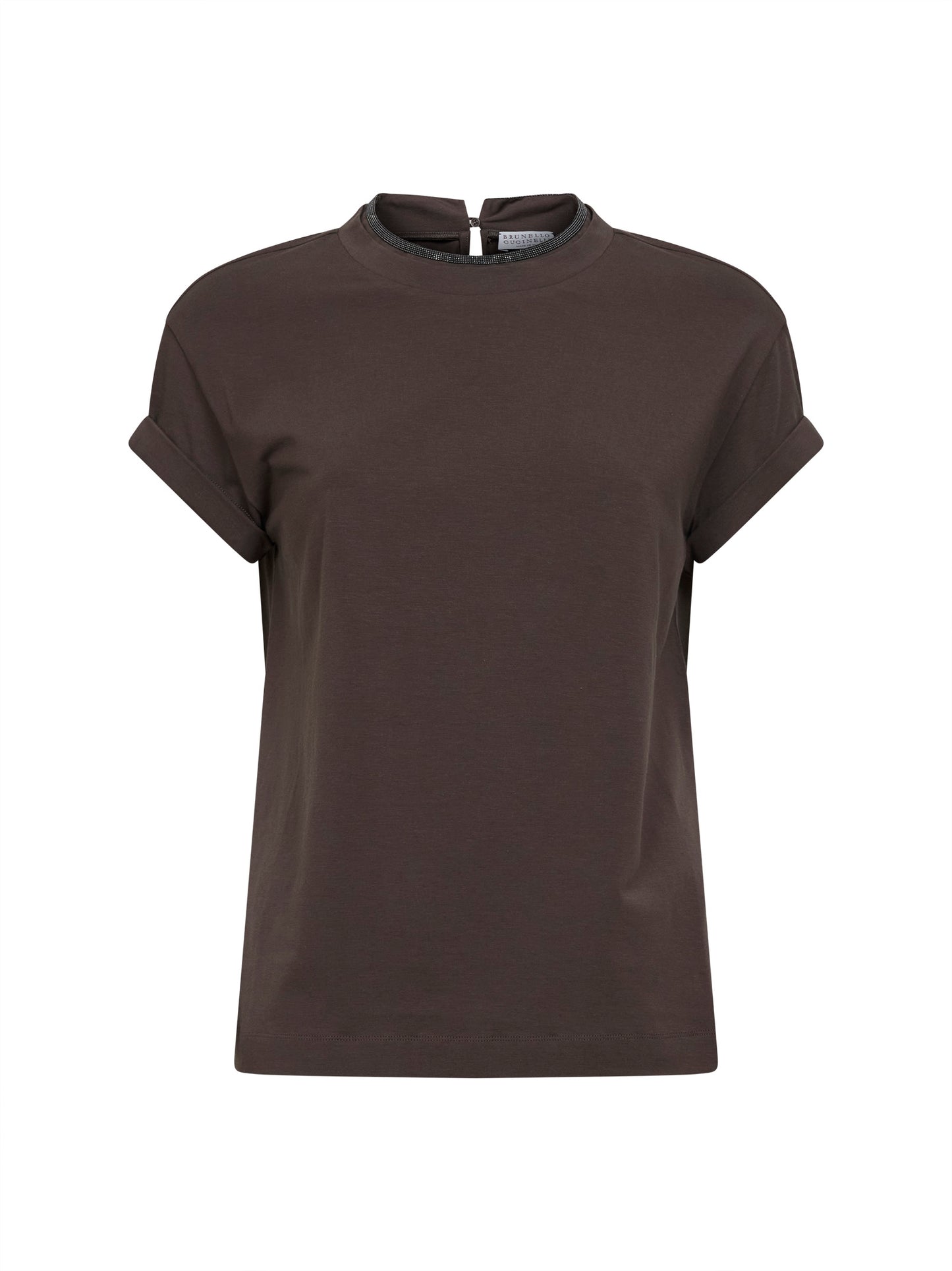Dark brown stretch jersey T-shirt with monili