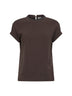 Dark brown stretch jersey T-shirt with monili