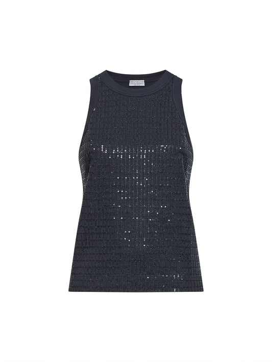 Top blu con Dazzling Check Embroidery