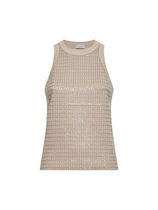 Top beige con Dazzling Check Embroidery