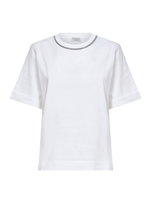 T-shirt in jersey di cotone bianco con Shiny Trims
