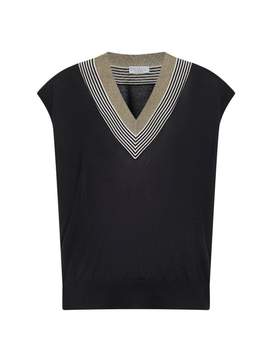 Black lightweight knit vest with Sparkling Neckline