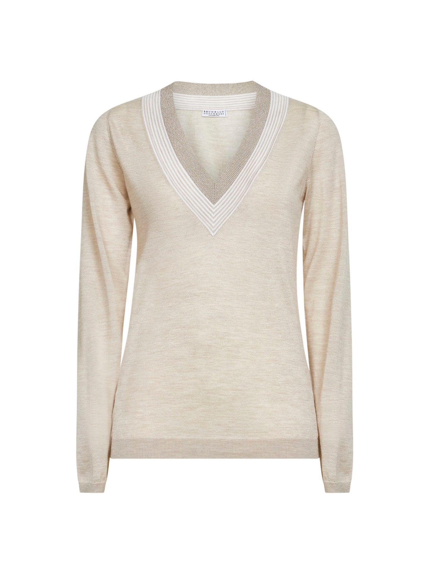 Maglia leggera in cashmere e seta beige con Sparkling Neckline