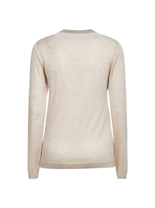 Beige lightweight cashmere and silk knit sweater with Sparkling Neckline