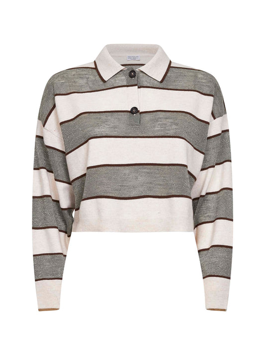 Polo Crop in maglia Sparkling Stripes salvia