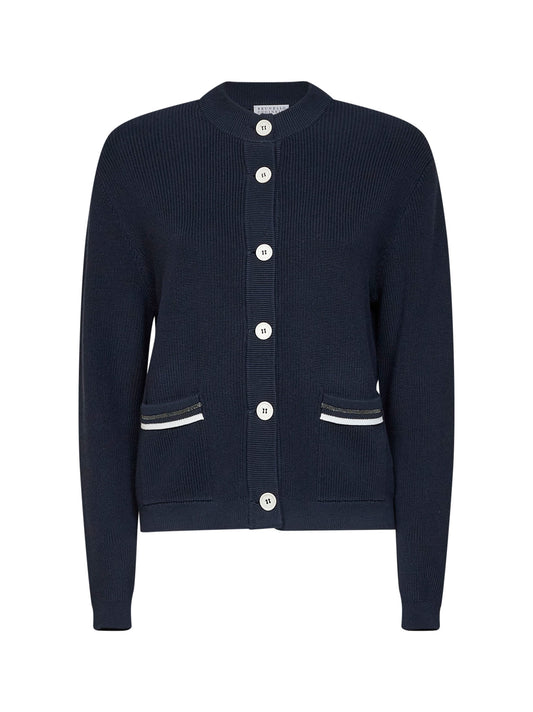 Blue ribbed cotton knit cardigan with Shiny Pockets Details