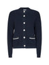 Blue ribbed cotton knit cardigan with Shiny Pockets Details