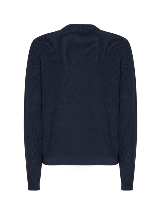 Blue ribbed cotton knit cardigan with Shiny Pockets Details