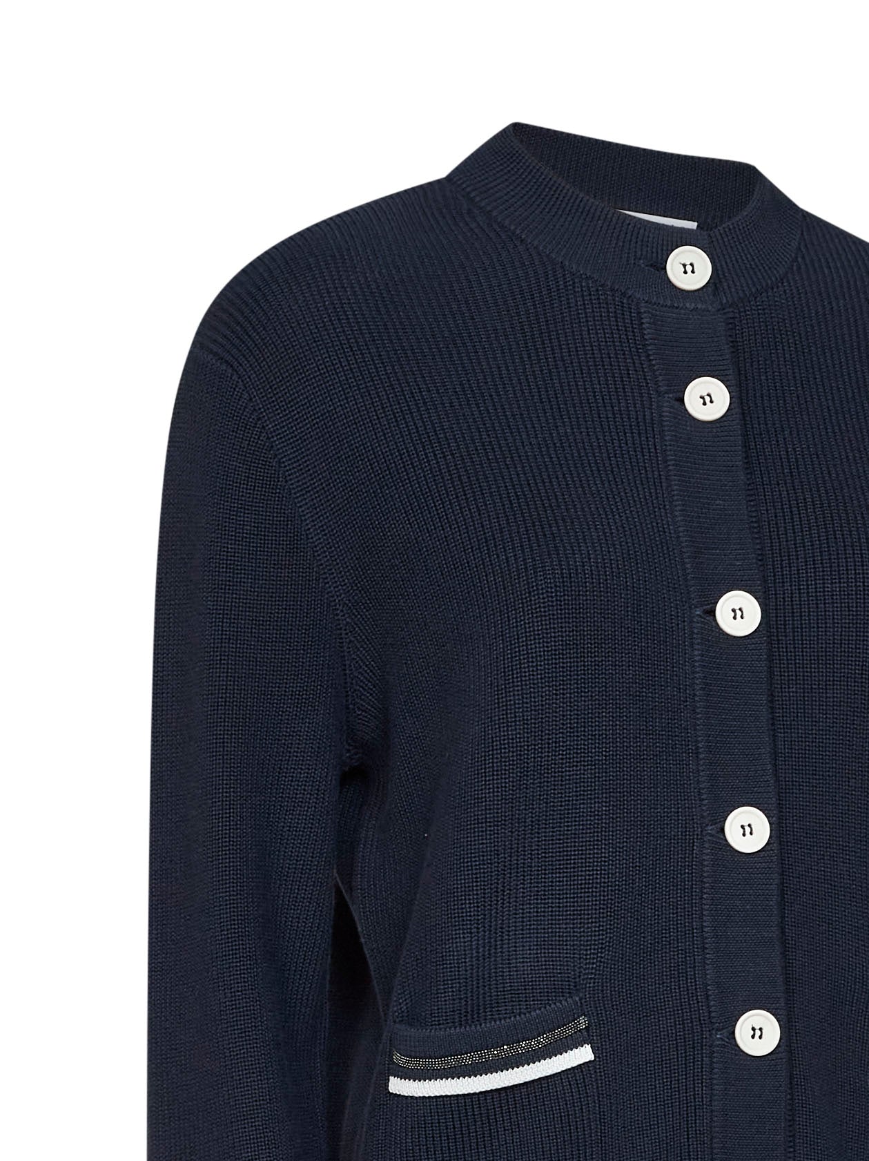 Blue ribbed cotton knit cardigan with Shiny Pockets Details