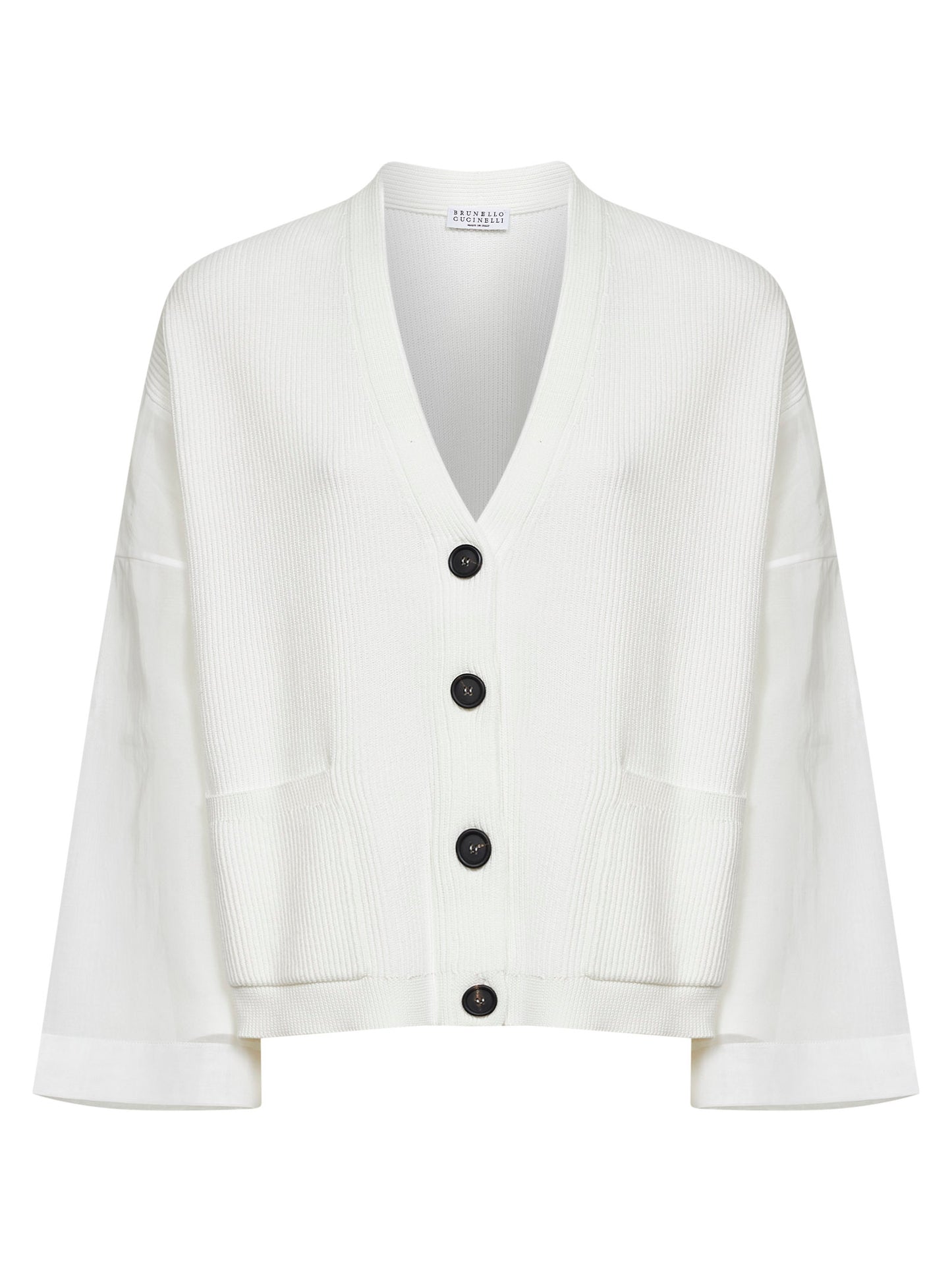 Cardigan in maglia a coste bianca con maniche in organza