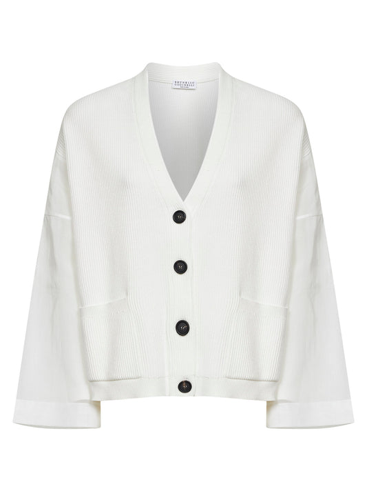 Cardigan in maglia a coste bianca con maniche in organza